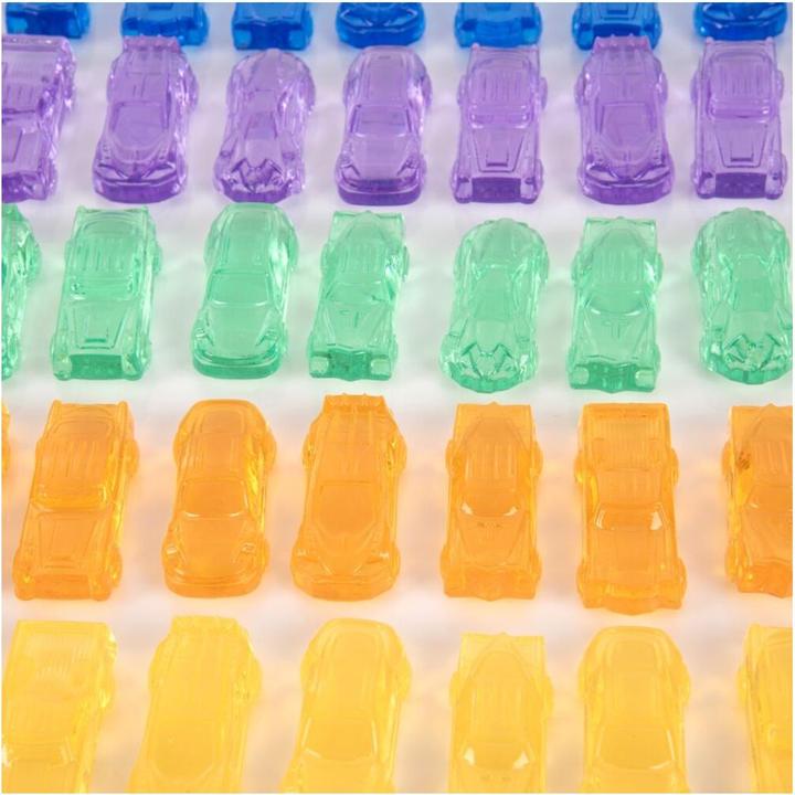 Actual product image TickiT Set with 72 colorful, translucent plastic car figures in a storage box