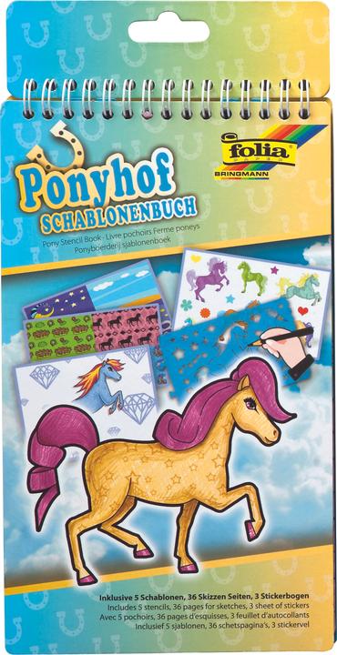Folia Bringmann 41101 - Livre de pochoirs Ponyhof, bloc de 36 coloriages, 5 pochoirs et 3 sticks