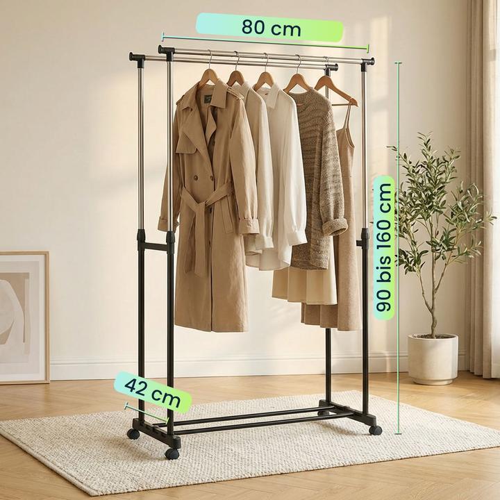 Produktbild Ideoon Mobiler Kleiderständer mit Doppel-Kleiderstange - 80 cm Breite - Höhenverstellbar von 90 bis 160 cm