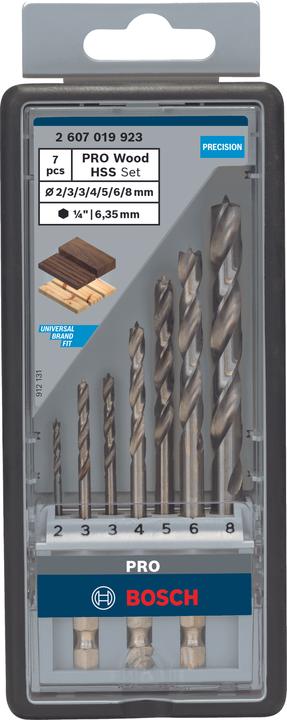 Actual product image Bosch Professional Zubehör PRO Wood HSS wood twist drill bit set. 7 pcs. (2 mm, 3 mm, 4 mm, 5 mm, 6 mm, 8 mm)