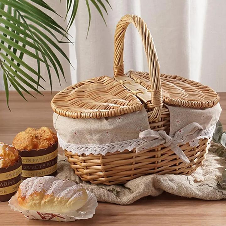 Actual product image Only-Bags.Store Willow Woven Wicker Picknickkorb Mit Deckel Outdoor Shopping doppeldeckel Camping Grosse Kapazität