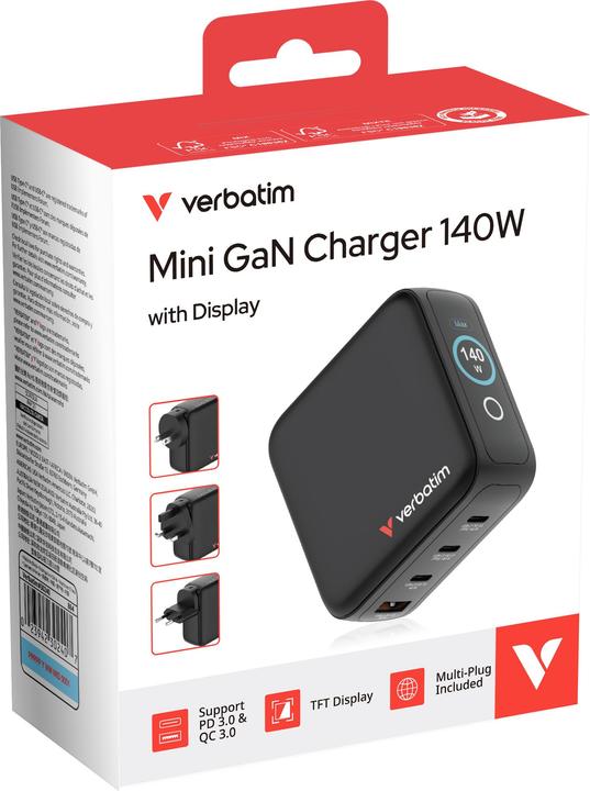 Actual product image Verbatim Mini GaN Charger 4 Port 140W w Display (EU/UK/US) (140 W, 4 ports)