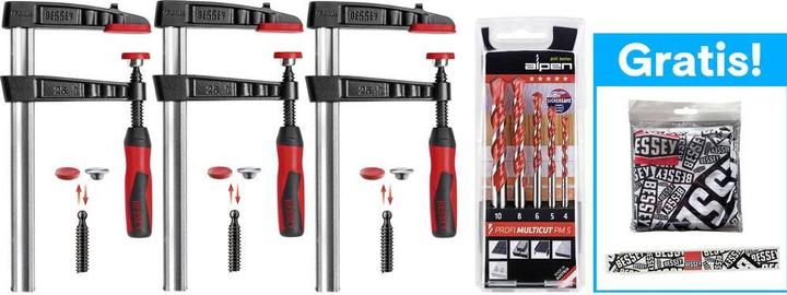 Produktbild Alpen Schraubzwingen & Mehrzweckbohrer-Set inkl. Meterstab + Schlauchschal (160 mm)
