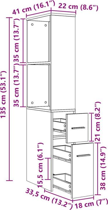 Image du produit vidaXL Armoire de salle de bain Étroite avec roulettes (22 x 41 x 135 cm)