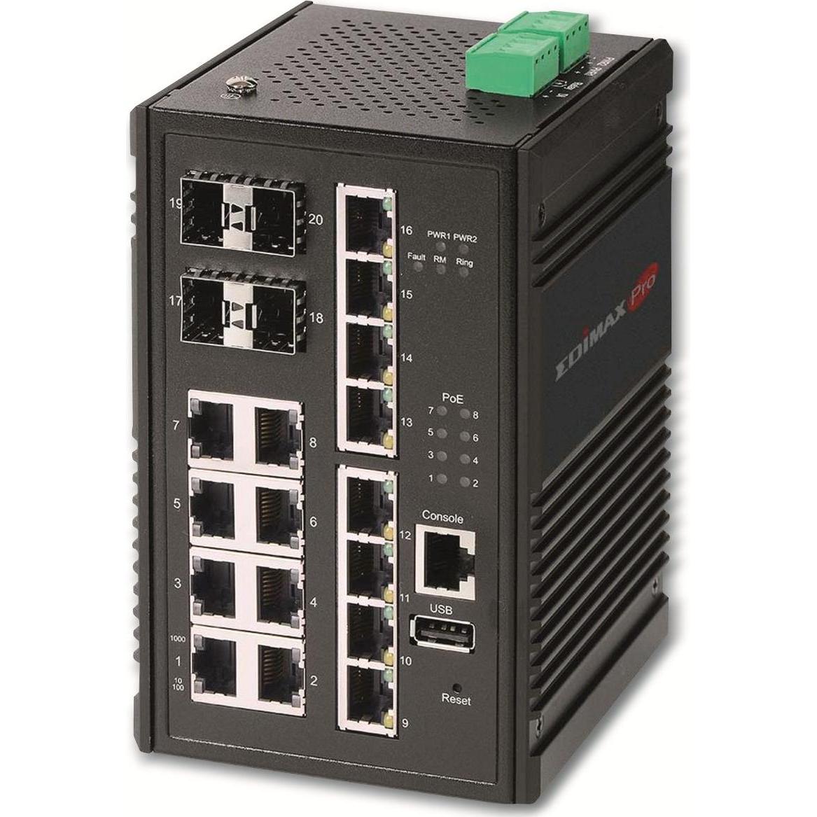 Edimax Pro Edimax 16 porte Gigabit PoE WebManageable Switch industriale Porte PoE e slot SFP (16 porte), Switch di rete, Nero