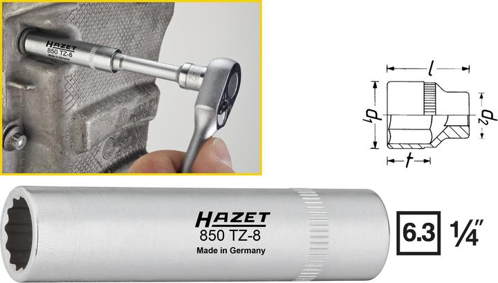 Actual product image HAZET Timing chain cover socket 850TZ-8 ∙ Square, hollow 6.3 mm (1/4 inch) ∙ Outside 12-point tract… (8 mm)
