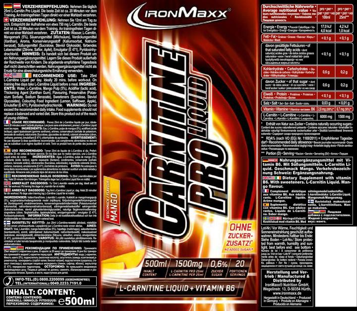 Produktbild IronMaxx Carnitin Pro Liquid (500ml) (Mango, 1 x)