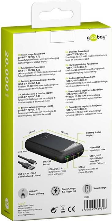 Actual product image Goobay Powerbank 53939 20000 mAh Black (20000 mAh, 22.50 W, 18 Wh)