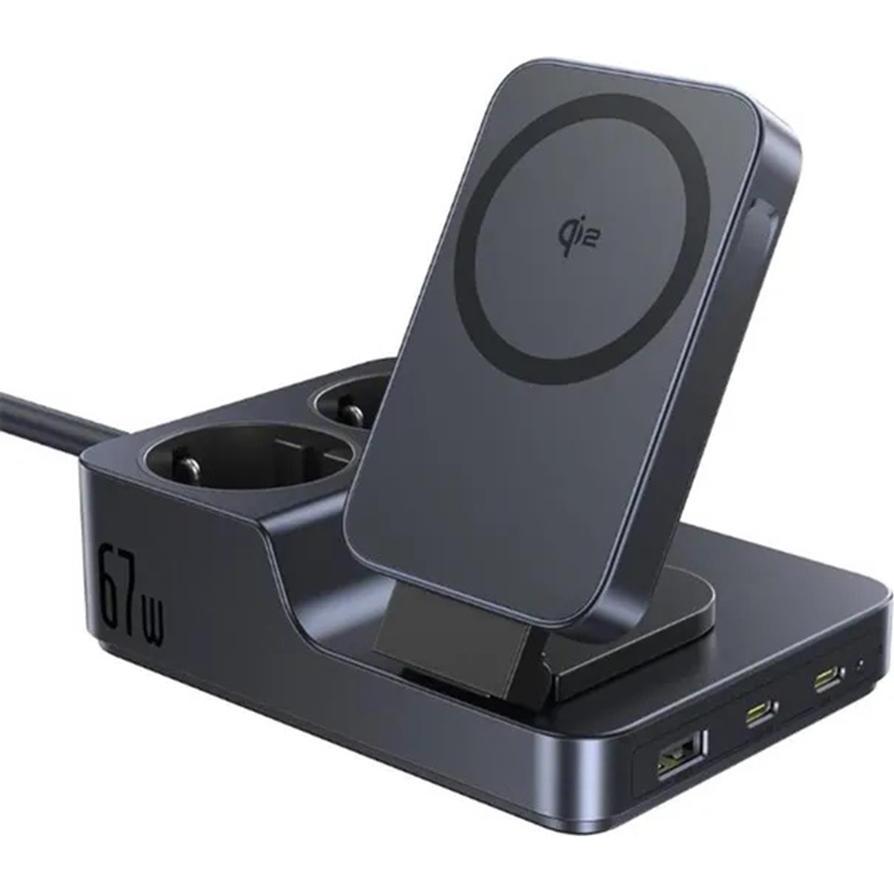 Baseus Stacja ładująca NOMOS ND11 67W 6w1 bezprzewodowa z dwoma gniazdami AC - czarna, Caricabatteria senza fili, Nero