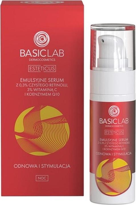 BasicLab Emulsionsserum mit 0,3% reinem Retinol, 3% Vitamin C und Coenzym Q10 Erneuerung & Stimulation (30 ml)