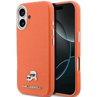 Karl Lagerfeld PU Karl and Choupette Heads Pins MagSafe Case for iPhone 17 Orange, Cover smartphone, Arancia