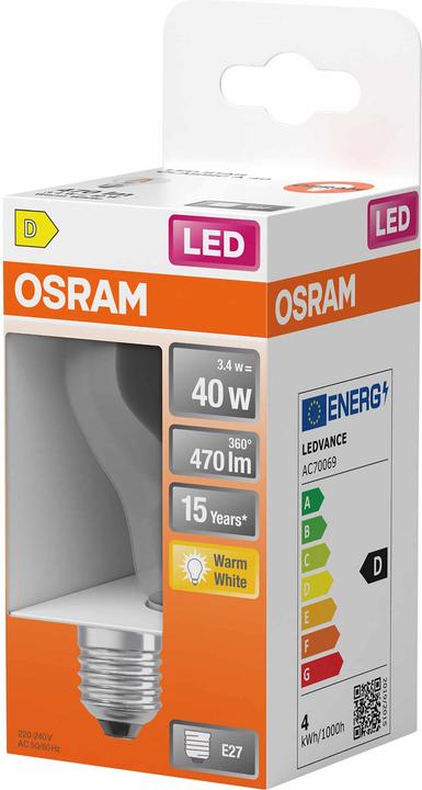 Produktbild Osram LED Leuchtmittel LED Retrofit CLASSIC A 3.4W 827 Clear E27 Warm weiss 4099854466632 (E27, 470 lm, 6x)