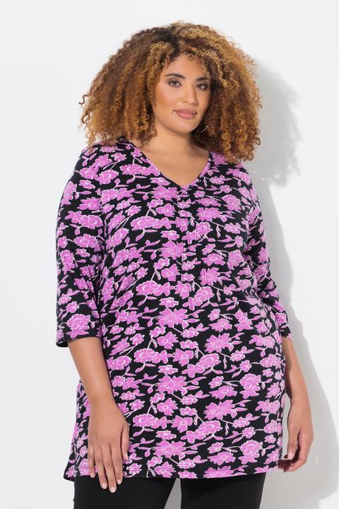Actual product image Ulla Popken Floral Pintuck Knit 3/4 Sleeve Tunic (62)