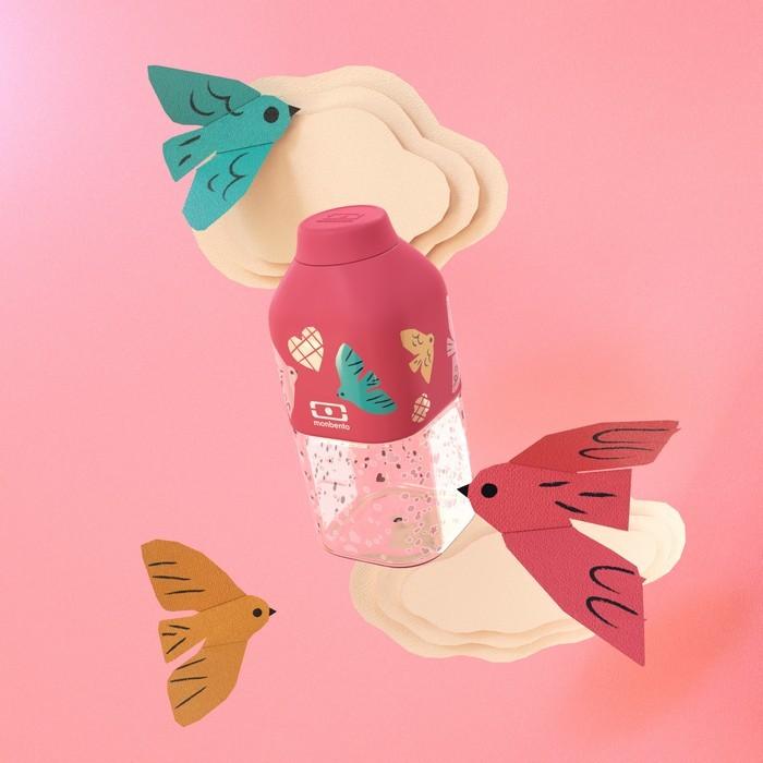 Actual product image Monbento Bottle with birds in pink with graphic by Positive S (0.33 l)