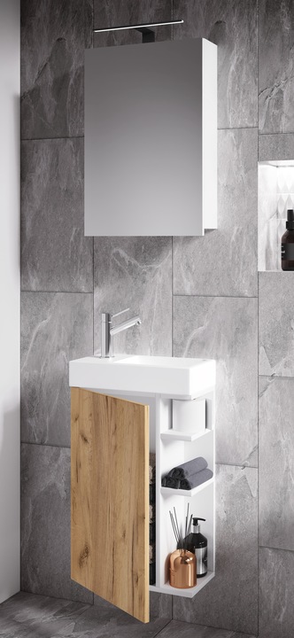 Produktbild VCM 3-tlg Badmöbel Set Gäste WC Gästebad Waschplatz Waschtisch klein schmal Lumia Spiegelschrank
