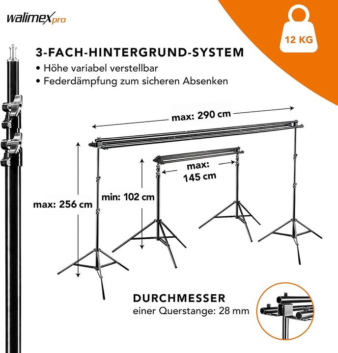 Produktbild Walimex 3-fach Hintergrundsystem + Tasche (290 cm, 250 cm)
