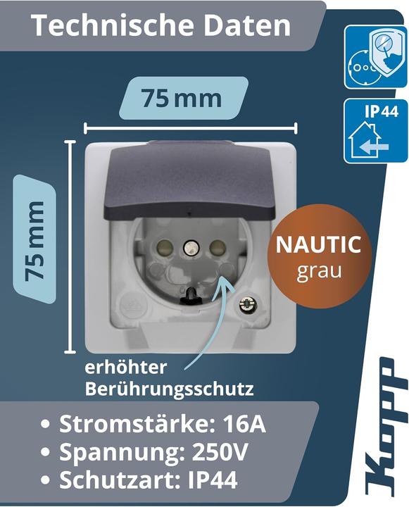 Produktbild Kopp Nautic Aufputz-Feuchtraum Steckdose 1-fach mit Klappdeckel + Berührungsschutz