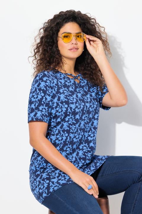 Image du produit Ulla Popken T-shirt manches courtes, col en V avec petits cordons fantaisie (46, 48)