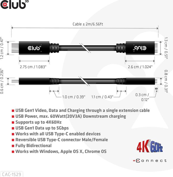 Image du produit Club 3D USB-C – USB-C (2 m, USB 3.0, 60 W)