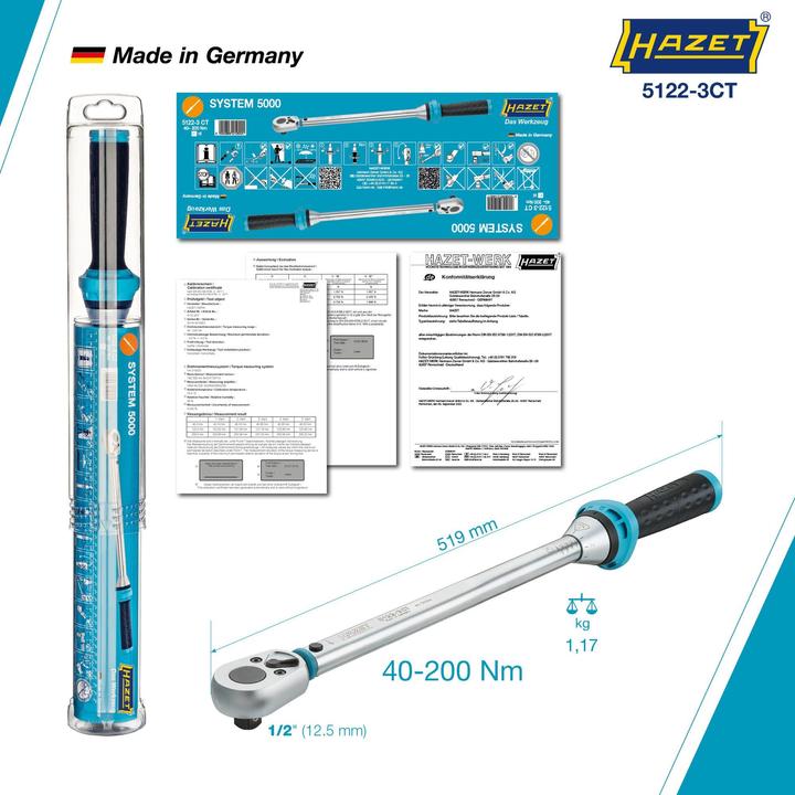 Produktbild HAZET Drehmomentschlüssel 5122-3CT ∙ Nm min-max: 40 - 200 Nm ∙ Toleranz: 3% ∙ Vierkant 12,5 mm (1/2… (1/2", 40 Nm, 200 Nm)