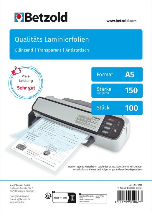Betzold Karton mit 100 Laminierfolien, DIN A5, 150 mic (A5, 100 Stk., 150 µm)