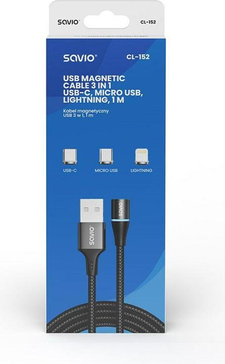 Actual product image Savio CL-152 USB Cable 1 m USB 2.0 USB C Micro USB A/Lightning Black (1 m, USB 2.0)