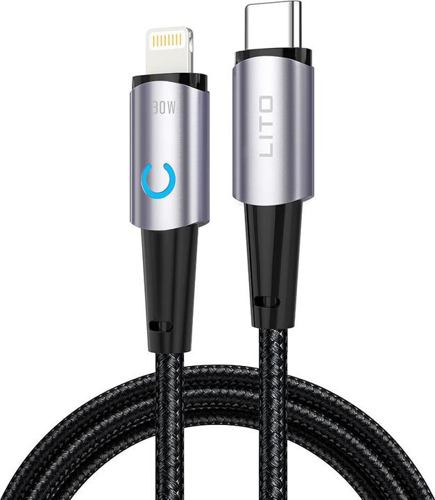 Lito - Data Cable (LD10) - Type-C to Lightning Fast Charging 30W, with LED, 1.2m - Black (1 m, USB 3.0, 30 W)