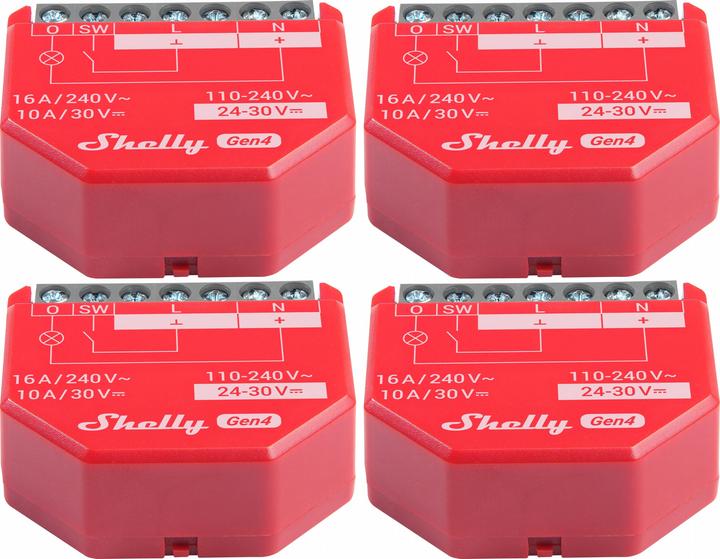 Produktbild Shelly Relais 1PM Gen4, 16 A, WLAN, Bluetooth, rot, 4 Stück