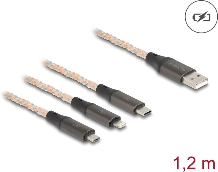 Produktbild Delock USB RGB Ladekabel 3 in 1 Typ-A zu Lightning / Micro U (1.20 m, USB 2.0)