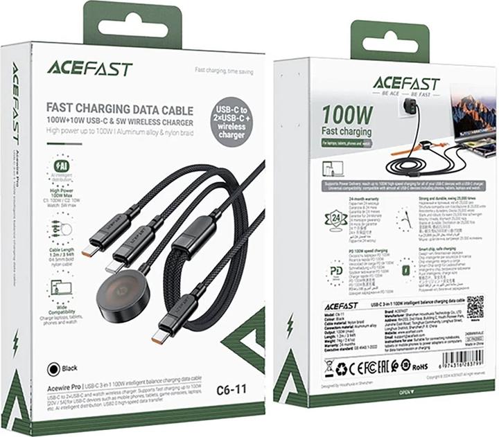 Image du produit Acefast C6-11 USB-C 3in1 Cable - 2x USB-C / Qi 480Mb/s 100W 1.2m - black (1.20 m, USB 2.0, 100 W)