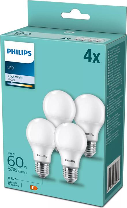 Immagine prodotto Philips Set di 4 lampade LED E27 60W 4000K (E27, 9 W, 806 lm, 4 x, F)