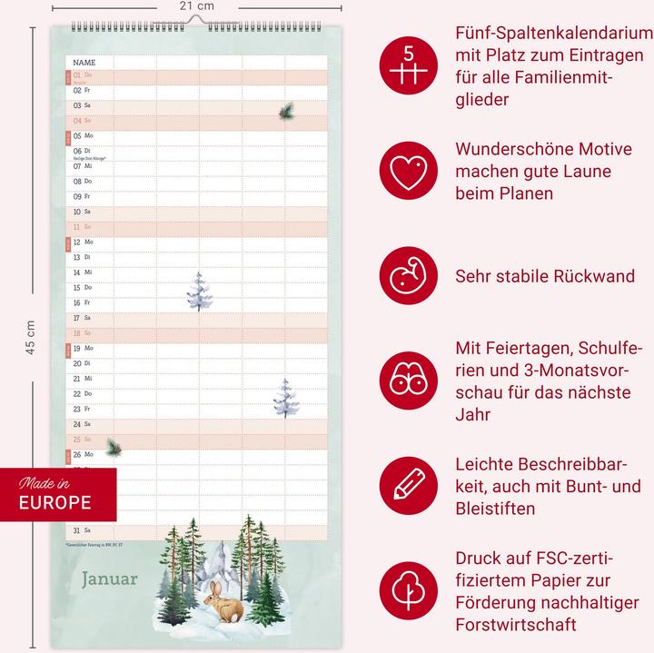 Produktbild tm Tiere des Waldes Familienplaner 2026 (21 x 45 cm, Harter Einband, Deutsch)
