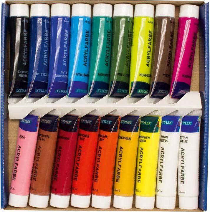 Productafbeelding Stylex Acrylverf 18s 36 ml veelkleurig (Oranje, Rood, Black, Blauw, Groen, Geel, Bruin, Wit, 36 ml)