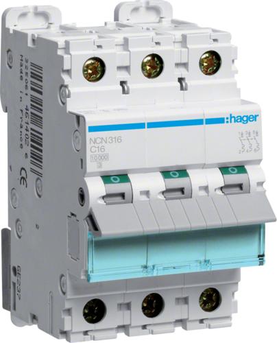 Hager NCN316. Anzahl der Pole: 3P. AC Eingangsfrequenz: 50/60 Hz, Nominale Stromabgabe: 16 A