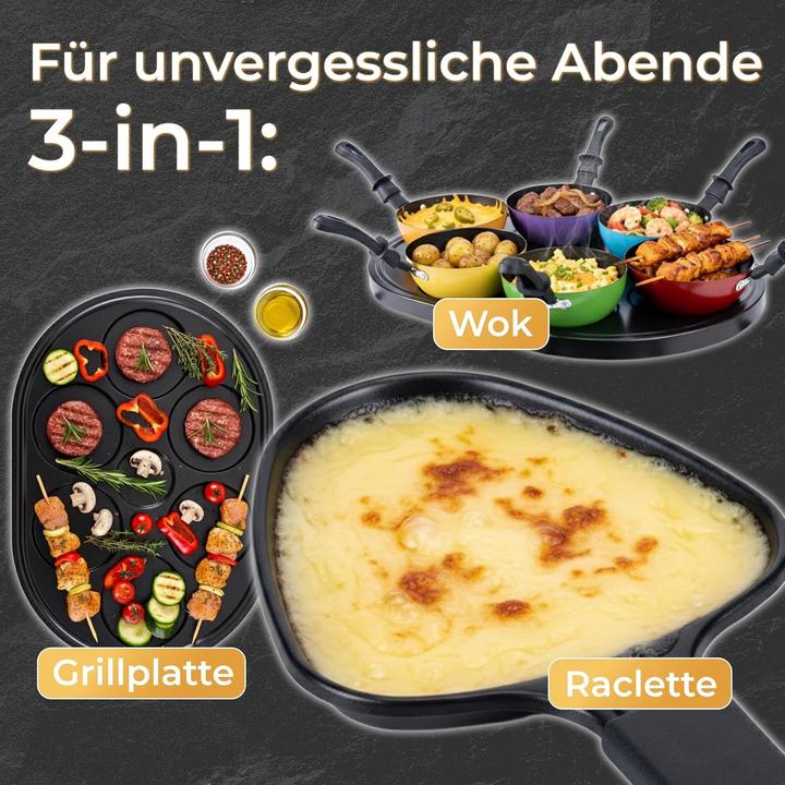 Produktbild KLAMER Raclette-Wok 1200 W – Raclette Grill mit 6 Wokpfännchen & 8 Raclettepfännchen, Antihaftb…