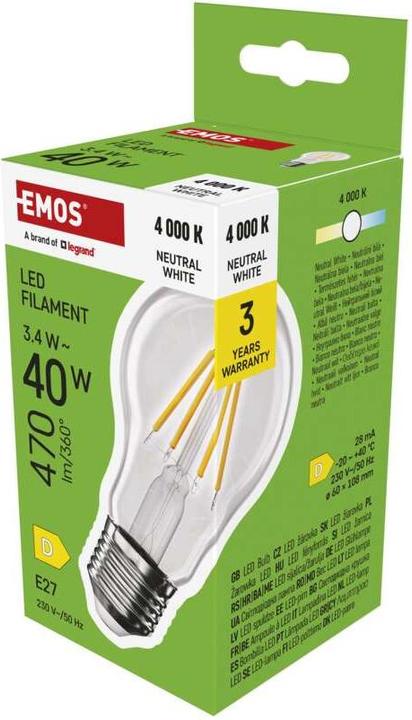 Produktbild Emos LED Lampe Filament A60 / E27 / 3,4 W (40 W) / 470 lm / Neutral Weiss (E27, 3.40 W, 470 lm, 1 x, D)