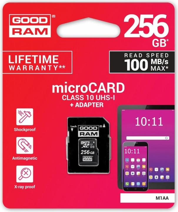 Produktbild Goodram Microcard M1AA + adapter (256 GB, microSDXC, U1, UHS-I)