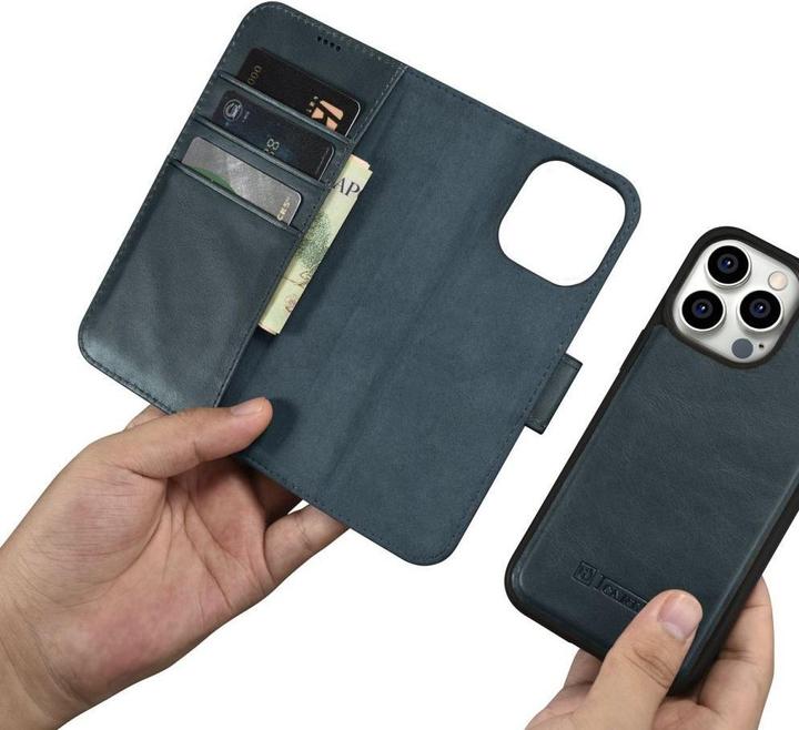 Actual product image iCarer oil Wax wallet case 2 in1 cover iPhone 14 Pro max. leather reverse cover anti-RFID blue (WMI1 (Apple iPhone 14 Pro Max)
