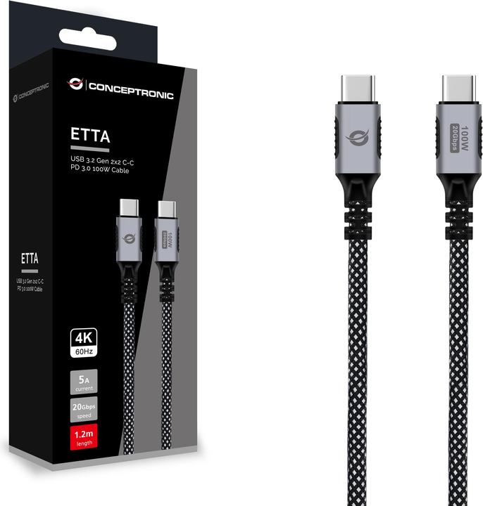 Produktbild Conceptronic Kabel USB-C 3.2 -> C PD3.0 1.20m 5A 4K60Hz sw (1.20 m, USB 3.2 Gen 2x2, 100 W)
