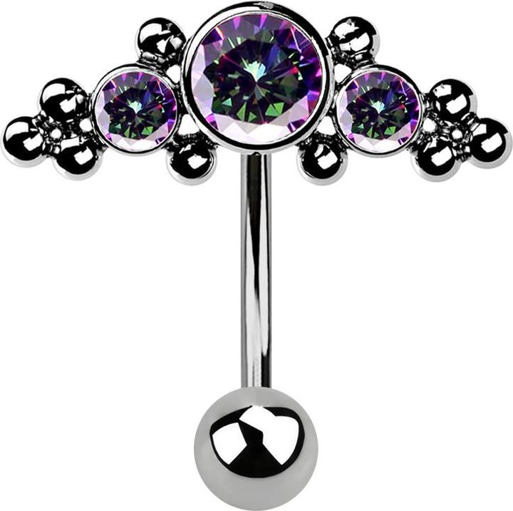 Image du produit Hollywood Body Jewelry Micro Threadless banane argentée avec boule et applique au centre avec boules et trois cristaux (sans laiton, Titane)