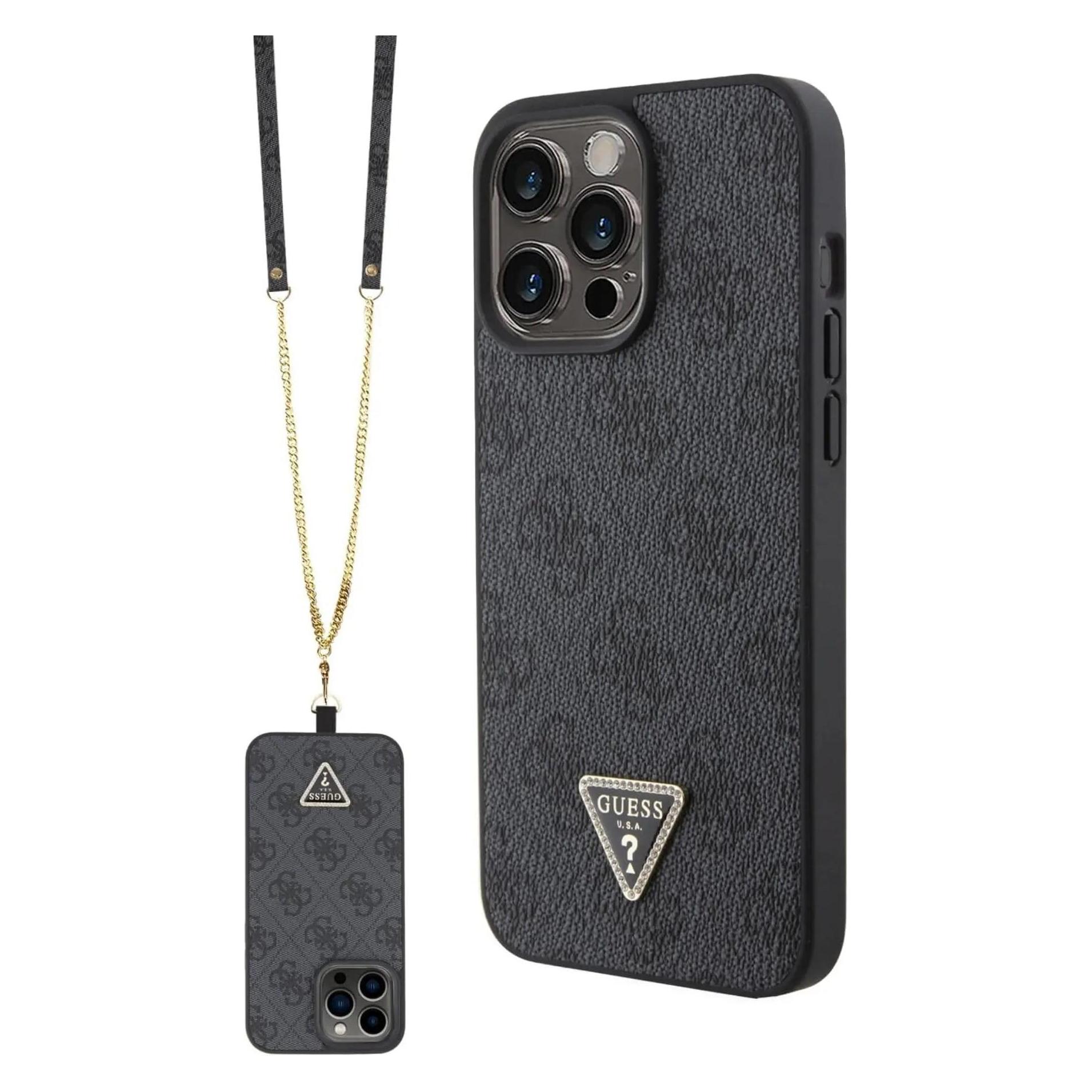 Guess Pu Leather Metal Logo Strass Crossbody Case Für Apple IPhone 15 Pro Max - Black (Apple IPhone 15 Pro Max), Smartphone Hülle, Schwarz
