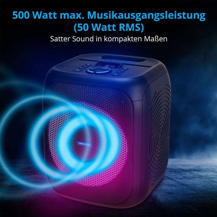 Produktbild Medion LIFE® S61991 Partylautsprecher, tragbares Bluetooth®-Soundsystem. Bluetooth® 5.0 für kabellose Musik (3 h, Akkubetrieb, Netzbetrieb)