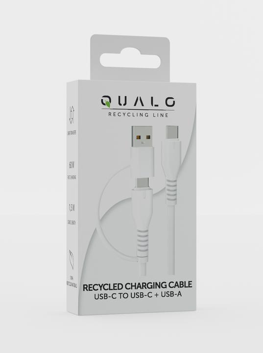 Image du produit Qualo Recycling cable 2in1 USB-C - USB-C USB-A adapter 1.5m 3A white QRC-CC+A-00 (1.50 m, 60 W)