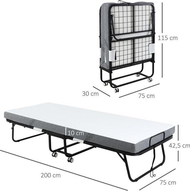 Immagine prodotto Swisshandel24 Letto per ospiti Letto pieghevole con rotelle Acciaio+schiuma Bianco+nero 200 x 75 x 42,5 cm (75 x 200 cm)