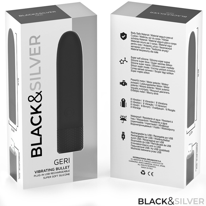 Actual product image Black&Silver Black & Silver - Geri USB Rechargeable Vibrating Bullet 8 Vibrations Black 10 X 2.2 cm