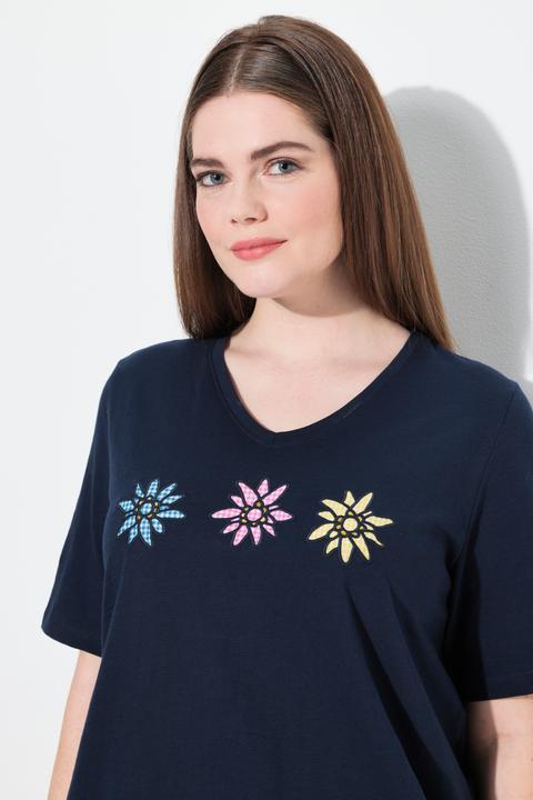 Produktbild Ulla Popken T-Shirt, Stickerei, V-Ausschnitt, Halbarm, Gummisaum (58)