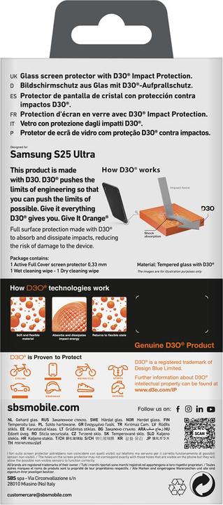 Actual product image SBS Ultra-strong screen protector for Samsung Galaxy S25 Ultra with D3O technology (1 pcs., Samsung Galaxy S25 Ultra)