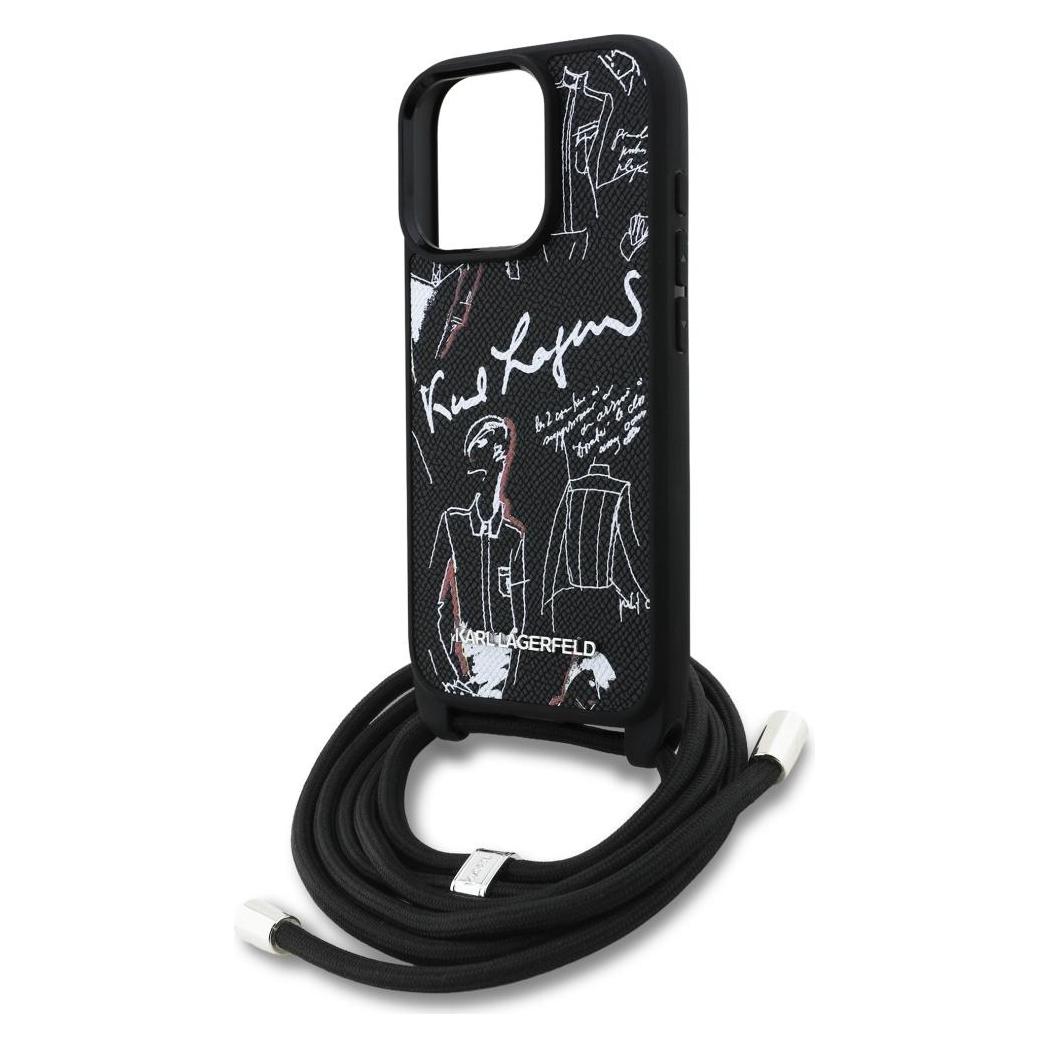 Karl Lagerfeld Case Crossbody Grained Pattern & Logo For IPhone 16 Pro Black (Apple IPhone 16 Pro), Smartphonehoes, Zwart