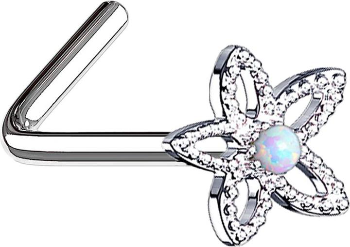 Produktbild Star Piercing Nasenstecker gewinkelt silber filigrane Opal Blume weiss (Messing, Chirurgenstahl 316L)