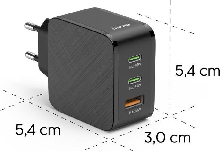 Actual product image Hama Schnellladegerät, 2x USB-C, 1x USB-A, PD, 65 W, Schwarz (65 W, 3 ports)